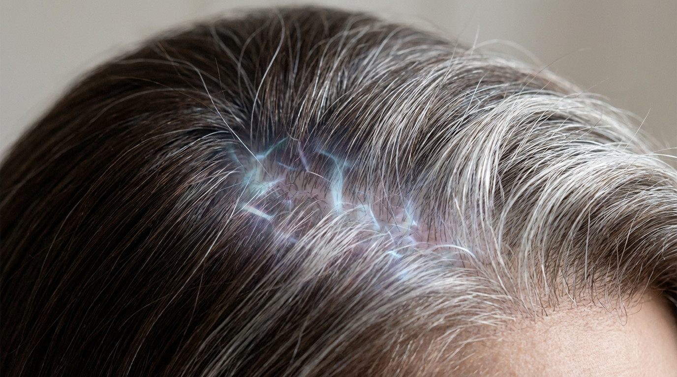 Close-up of hair turning gray/white. Glowing blue/purple patterns at roots illustrate cellular melanin loss and canities.