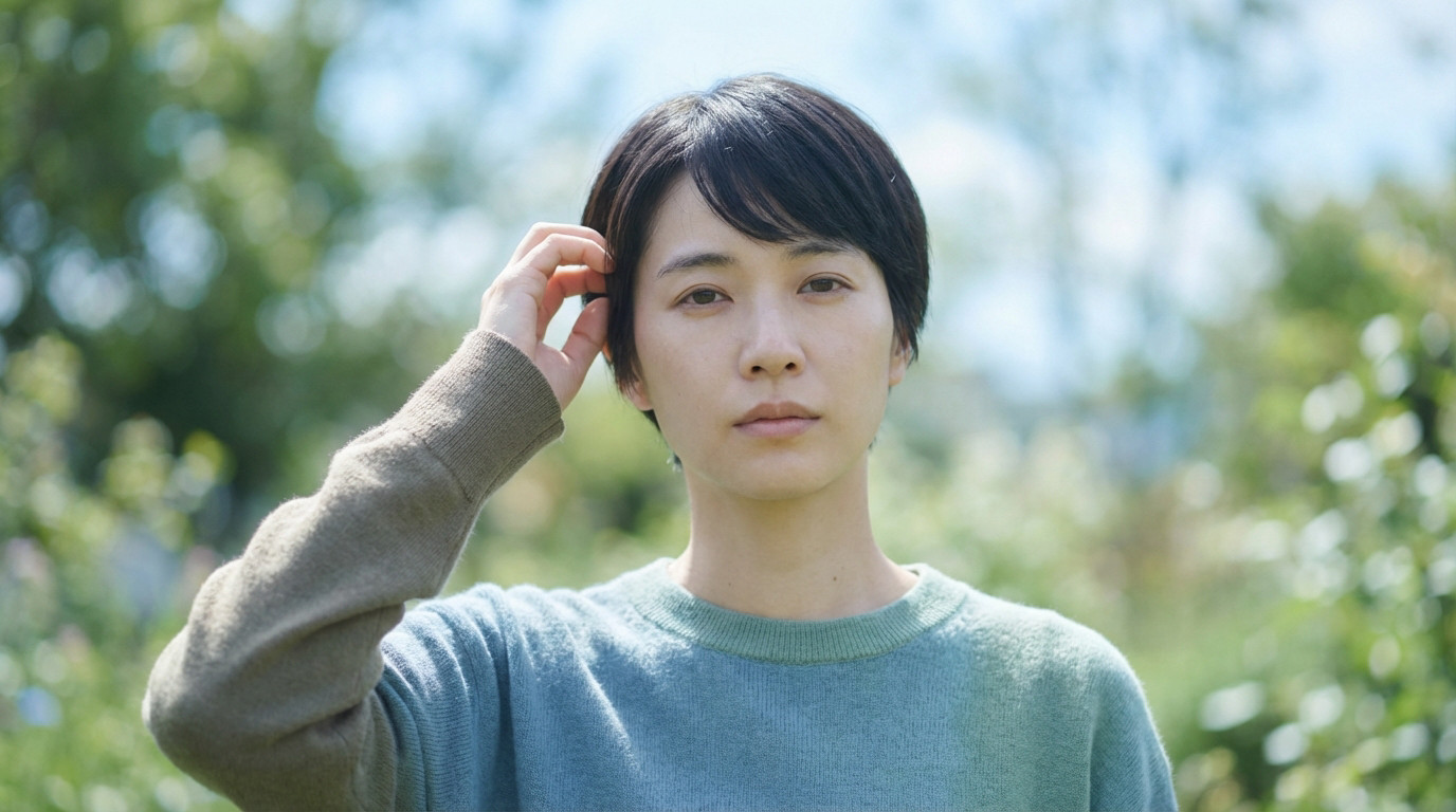 A person with short dark hair, wearing a blue-green sweater, gently touches their head with a contemplative expression. Soft, blurry green background.