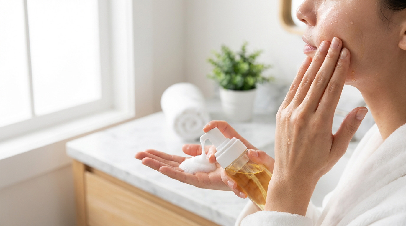 A person in a bathrobe performs a skincare ritual, massaging their wet face while dispensing golden foaming cleanser into their hand.