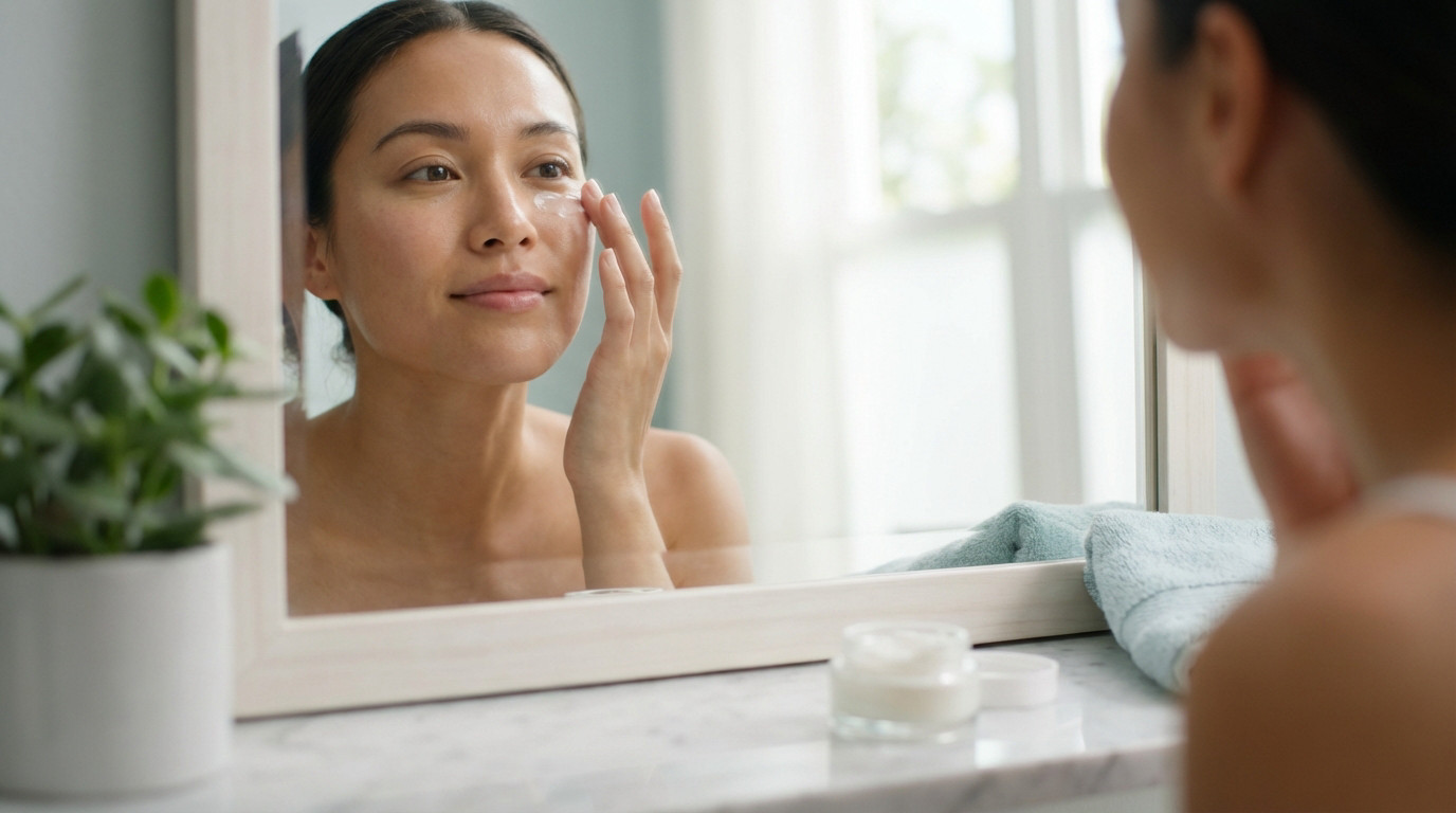 A woman looks in a mirror, gently applying eye cream to her under-eye area with a fingertip. Her skin is smooth and bright. A plant and cream jar are on the vanity in a blurred, bright bathroom background.