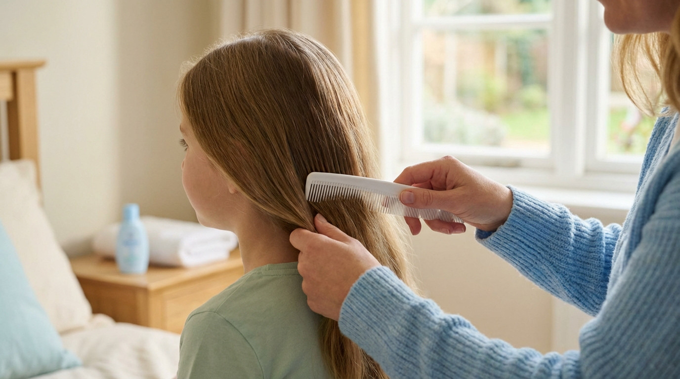 Adult hands carefully comb a child's light brown hair with a fine-toothed comb, ensuring gentle hygiene in a bright, serene home.