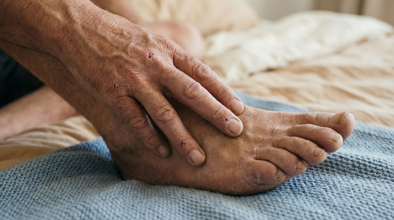 Close-up of an anonymous individual's hand gently touching their foot, showing dry, rough skin and minor cracks on both. Soft light, blurred background.