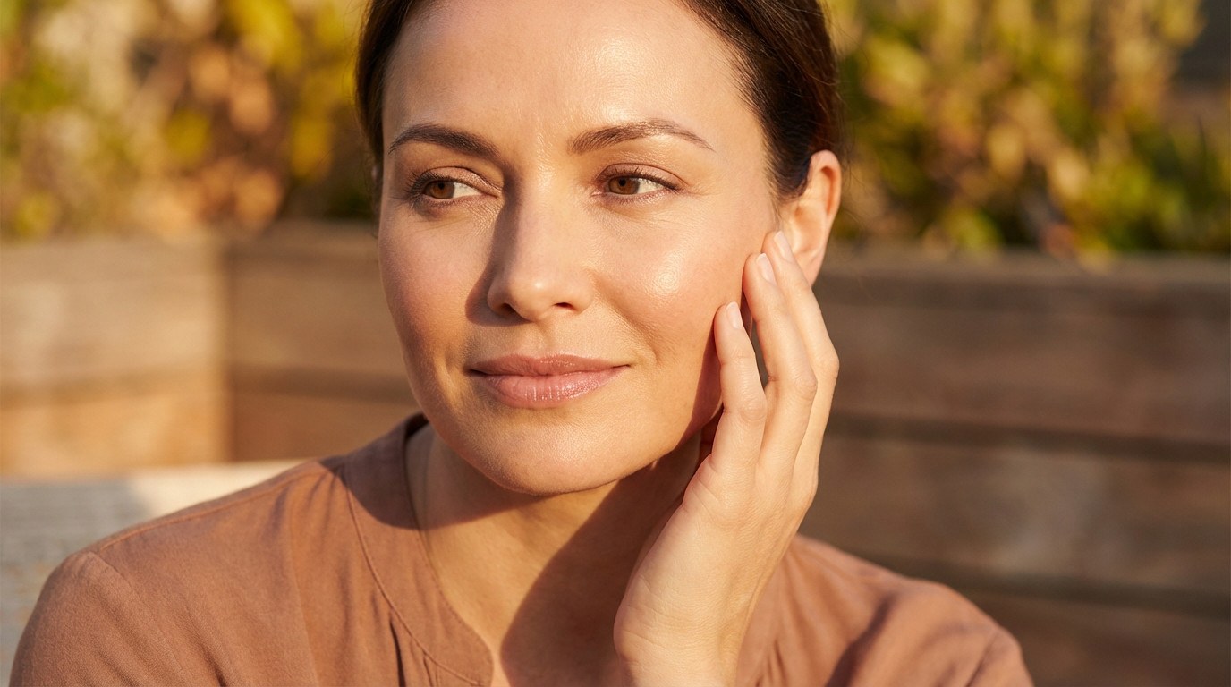 Close-up portrait of a woman (35-45) with radiant, smooth skin and a serene expression, lit by golden hour, hand on cheek, warm outdoor background.