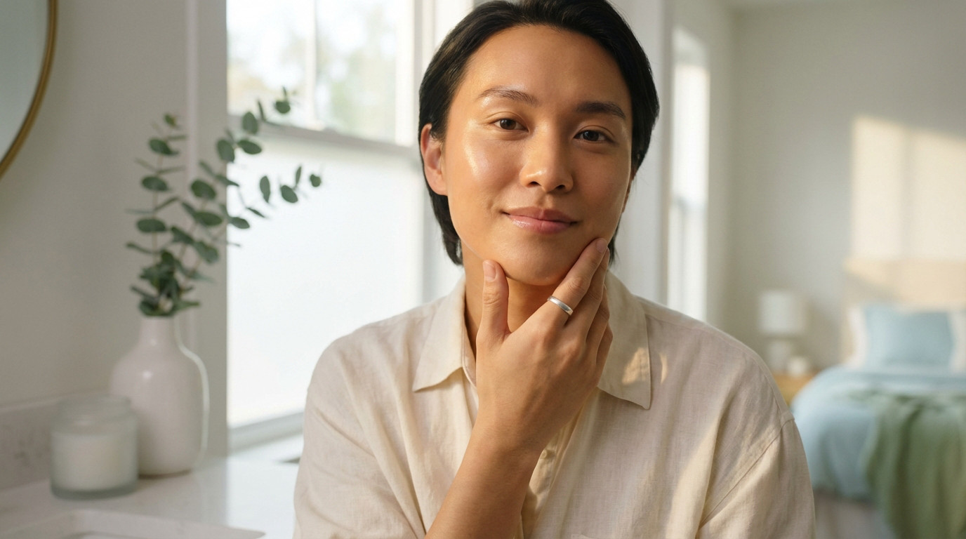 Gender-neutral young adult with radiant, healthy skin, hand on jawline, looking confident. Soft light in a clean, minimalist room.