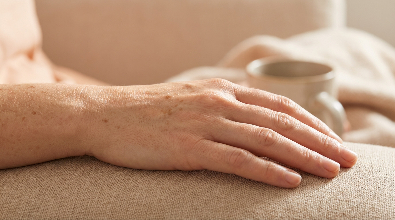 Close-up of a hand resting on a beige surface, showing natural light brown spots (hyperpigmentation) on healthy skin under soft, warm light.