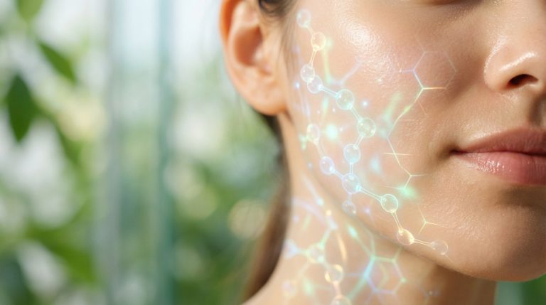 Close-up of a person's healthy, glowing skin with luminous molecular peptide chains overlaid, suggesting vitality and scientific enhancement. Blurred green background.