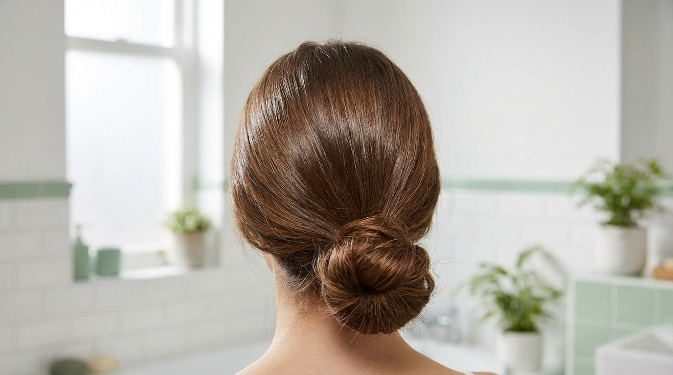 Back of head with lustrous, healthy medium brown hair in a neat bun. Bright, blurred spa-like bathroom with white and light green tones.