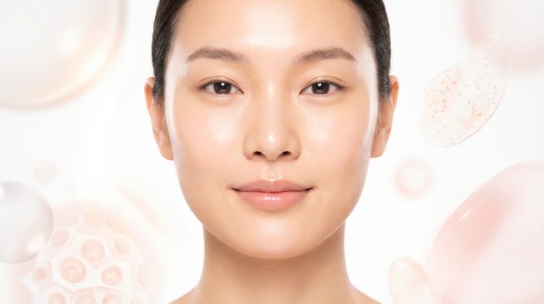 A woman with exceptionally radiant, smooth, and clear skin, subtly illuminated by a soft glow, against an ethereal background with abstract cellular elements.