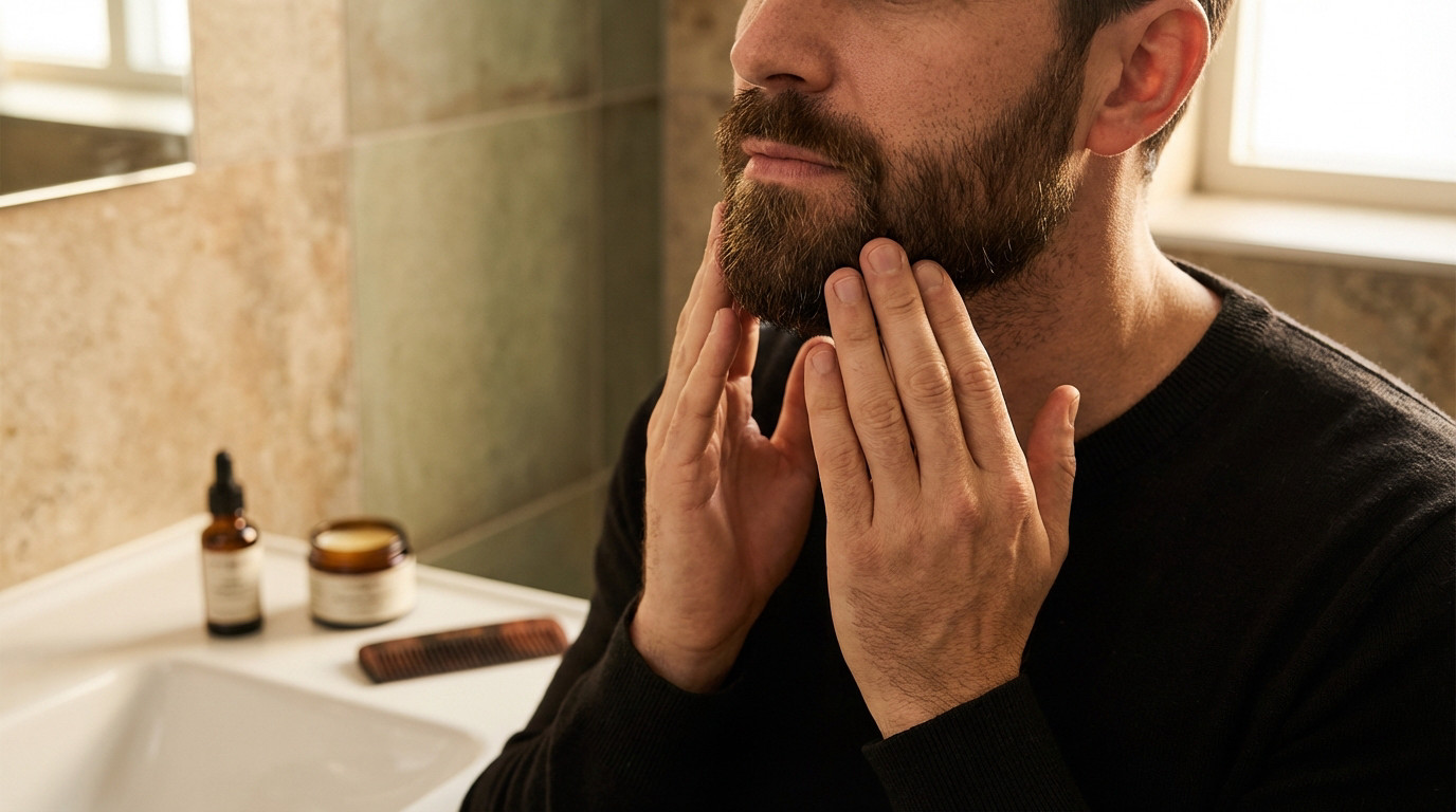 Medium close-up of a man with a dark brown beard, his hands smoothing it. Blurred beard oil, balm, and comb on a bathroom sink.