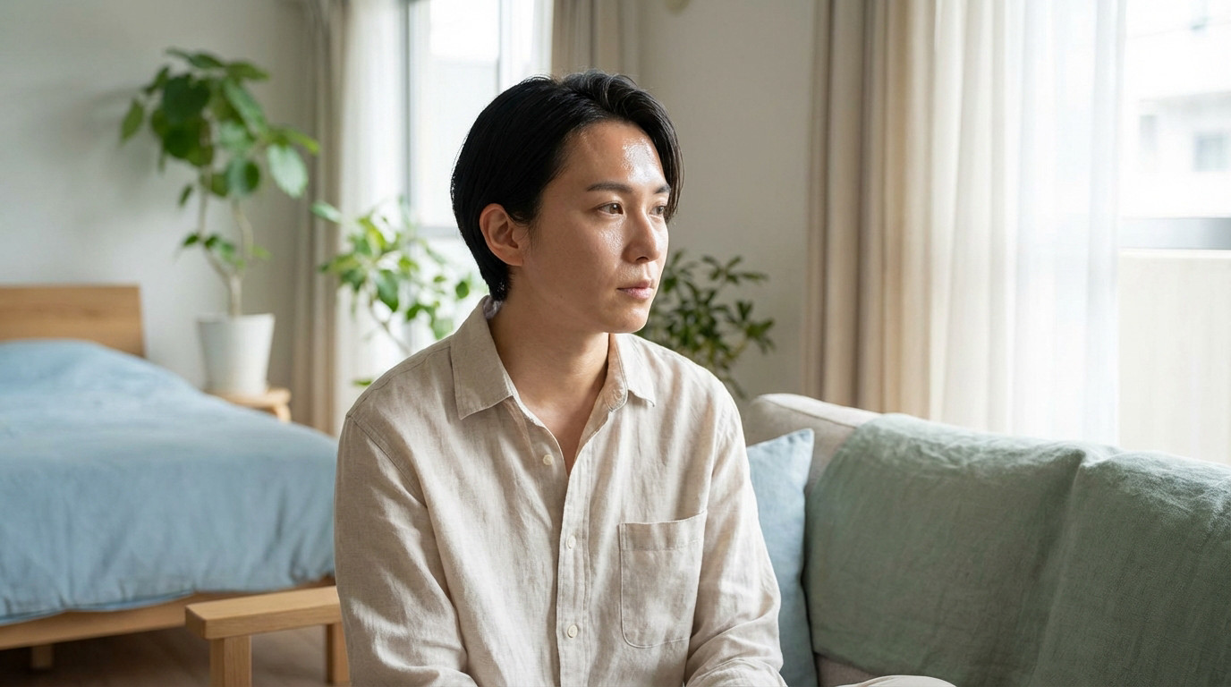 A contemplative person with a subtle sheen on their forehead, wearing a light shirt, in a bright, minimalist room with natural light.