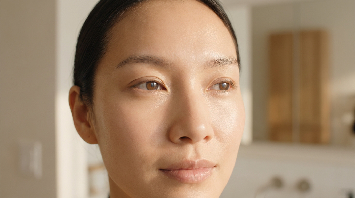 Close-up of a person with radiant, smooth skin and serene eyes, illuminated by soft natural light. Blurred, neutral background suggests calm.
