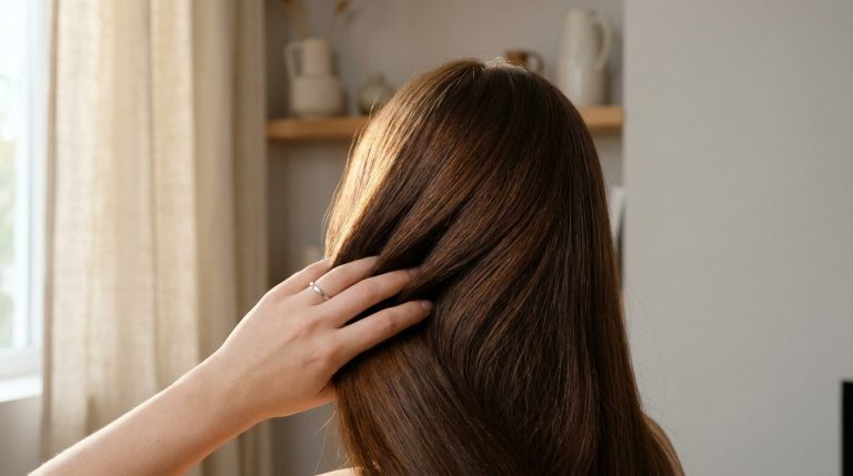 Close-up of an anonymous hand gently running through long, shiny brunette hair, reflecting soft natural light. Blurred warm background.