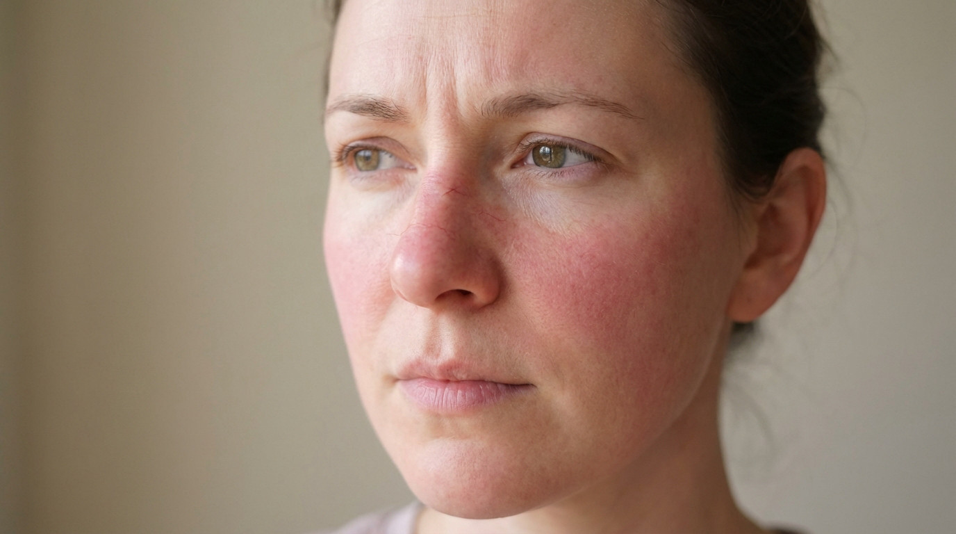 A close-up portrait of an individual with rosacea, showing diffused redness on cheeks and nose, and fine capillaries.