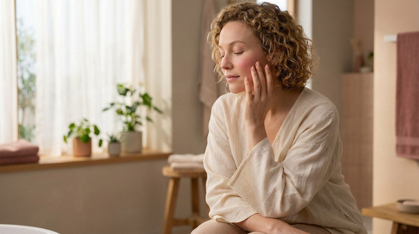 Serene woman with curly hair, eyes closed, gently touches her cheek. Soft light, muted tones, minimalist background. Evokes skin sensitivity.