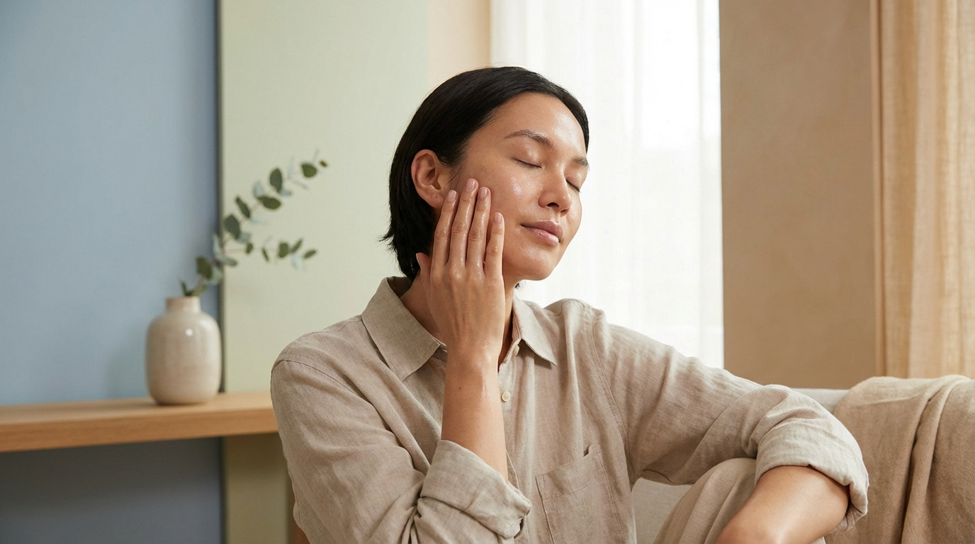 A person with closed eyes gently touches their glowing face, conveying relief and calm in a soft, pastel-colored room.