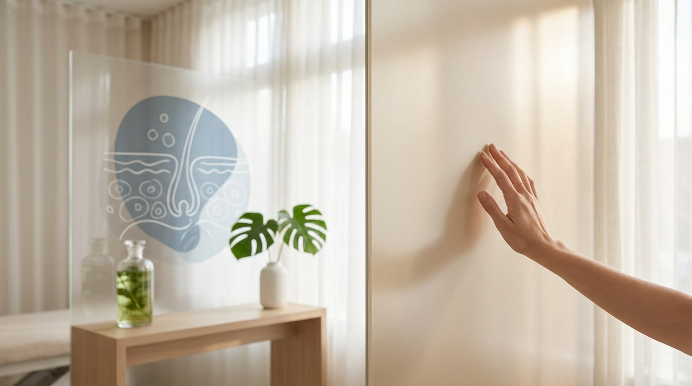 Elegant hand touching a smooth surface in a serene wellness setting. Blurred background shows abstract skin science art, natural leaves, and extract bottle.