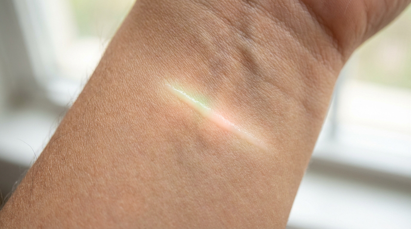 Photo-realistic close-up of healthy human skin on a forearm showing a subtle, ethereal glowing line representing cellular repair.