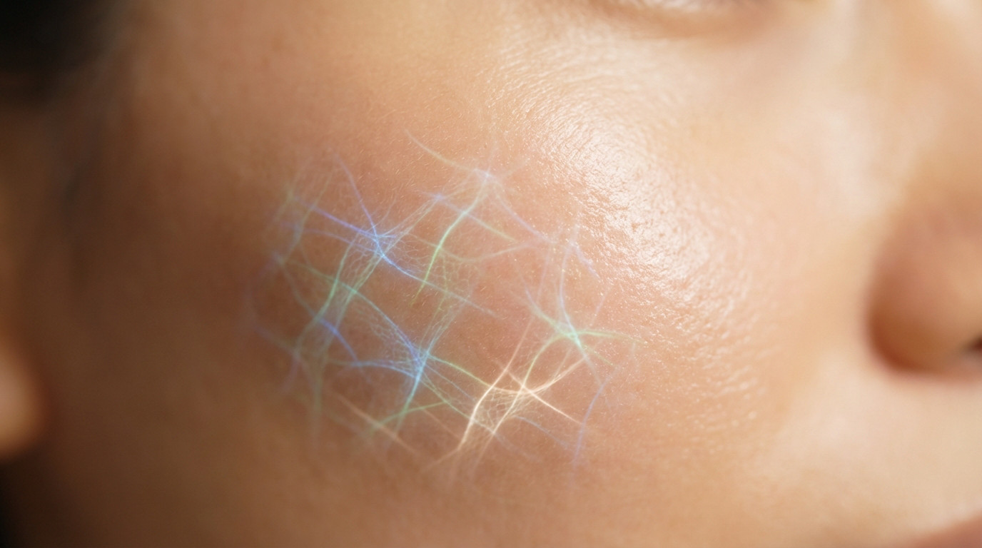 Close-up of radiant, dewy human skin with glowing blue, green, and white microscopic ceramide structures forming a protective mesh.