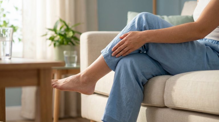 Femme en pantalon de lin bleu, assise sur un canapé beige, touchant son mollet. Lumière douce, plante et verre d'eau en arrière-plan flou.