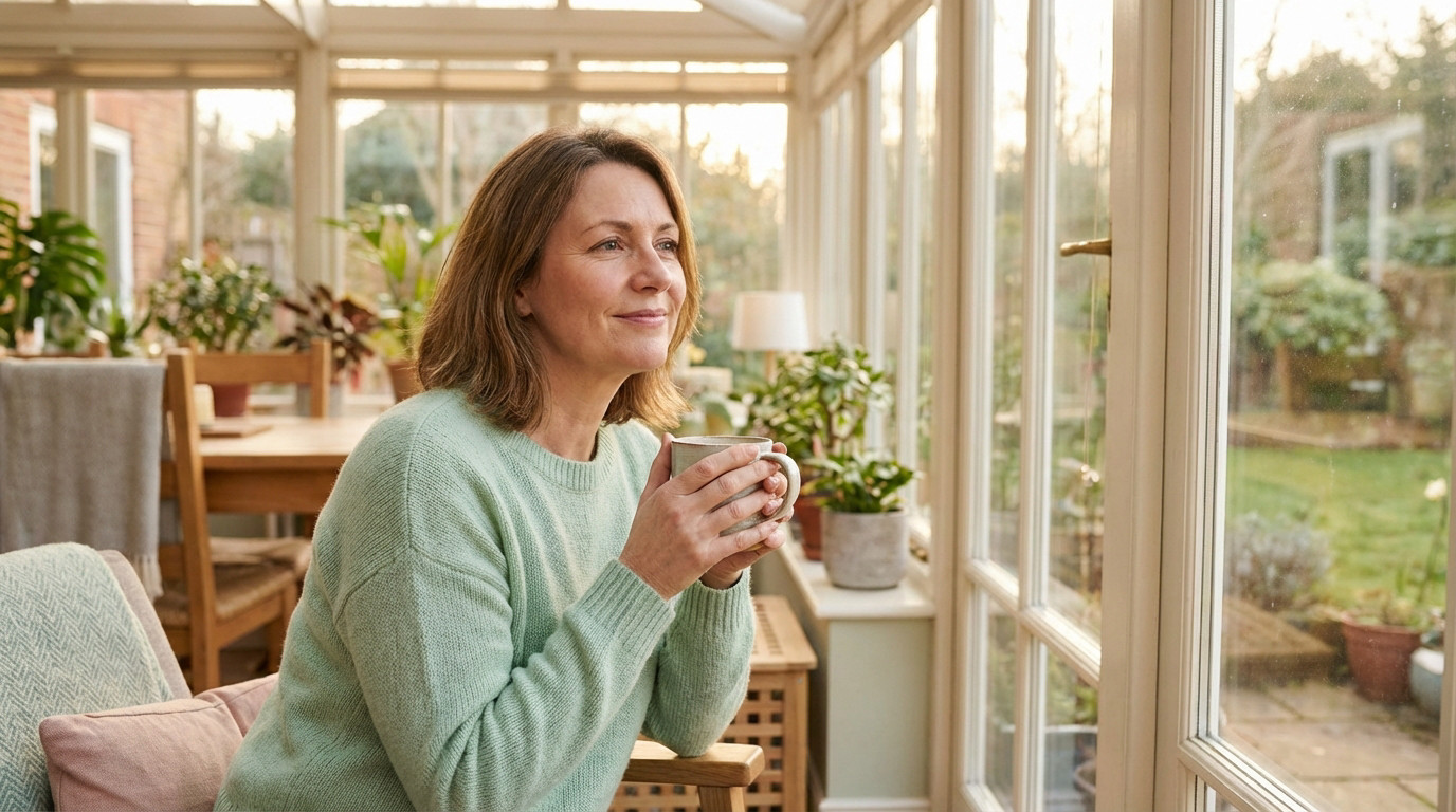 A woman in her late 40s-early 50s, wearing a green sweater, holds a mug, looking thoughtfully out a sunlit conservatory window.